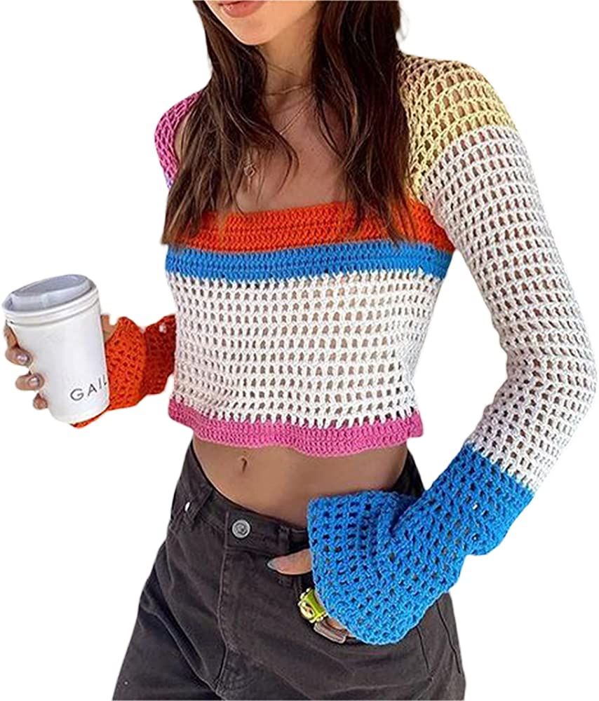 Women Hollow Out Crochet Knit Crop Tops Color Block Long Sleeve Square Neck Fall Sweaters Tops | Amazon (US)