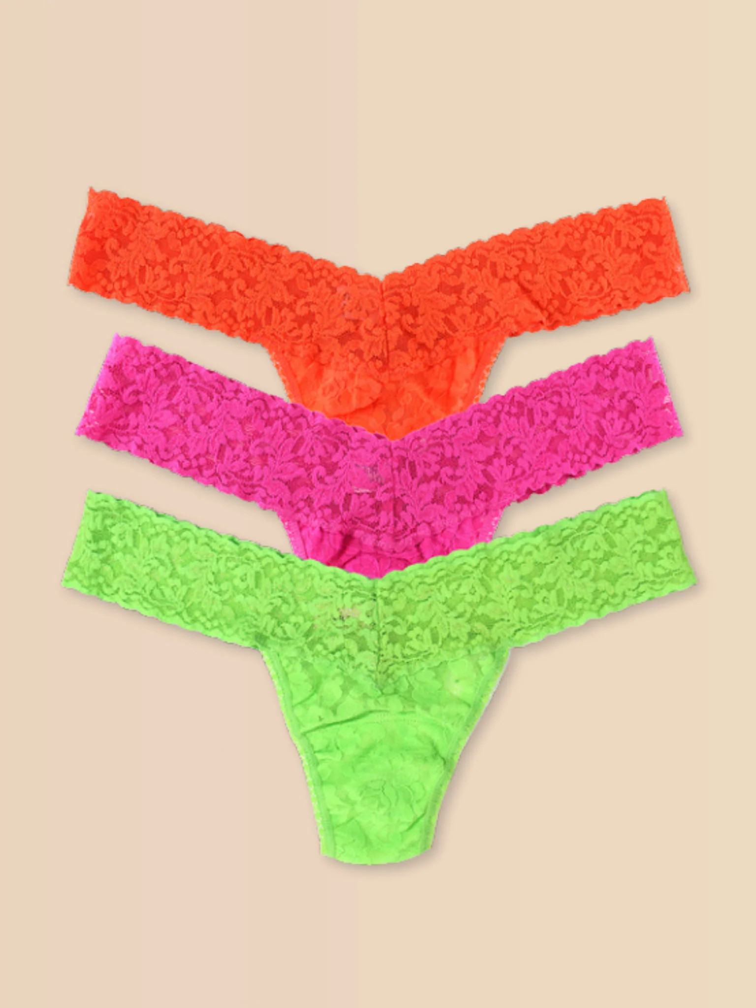 Signature Lace® Low Rise Thong Ice Cream 3 Pack Sorbet Brights (Orange Sparkle, Dragon Fruit Pin... | Hanky Panky