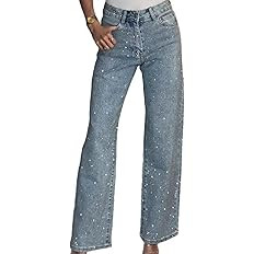 LETSVDO Women's Rhinestone Jeans Baggy High Waisted Y2k Straight Wide Leg Sparkly Glitter Bling D... | Amazon (US)