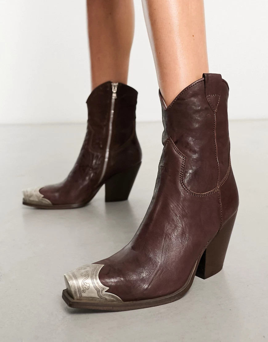 Free People brayden leather toe-cap detail cowboy ankle boots in hot fudge-Brown | ASOS (Global)