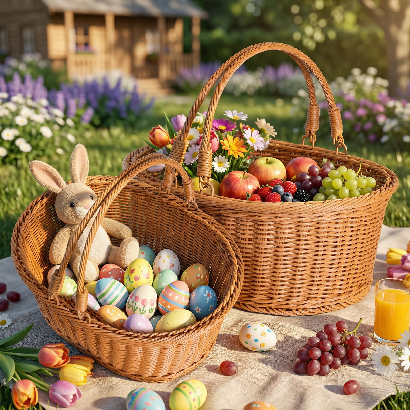 Lanpn Rattan Easter Basket 2 Pcs Set Double Handle Woven Baskets Waterproof for Egg Hunt Candy Pi... | Amazon (US)