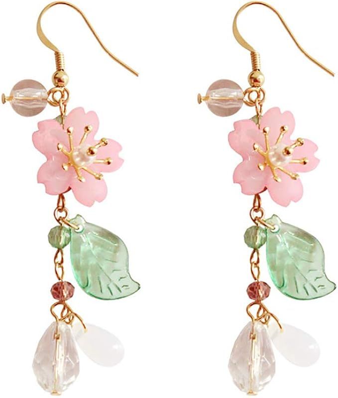 DOUBNINE Pink Flower Earrings Dangle Cherry Blossoms Sakura Floral Teardrop Butterfly Fairy Leaf ... | Amazon (US)