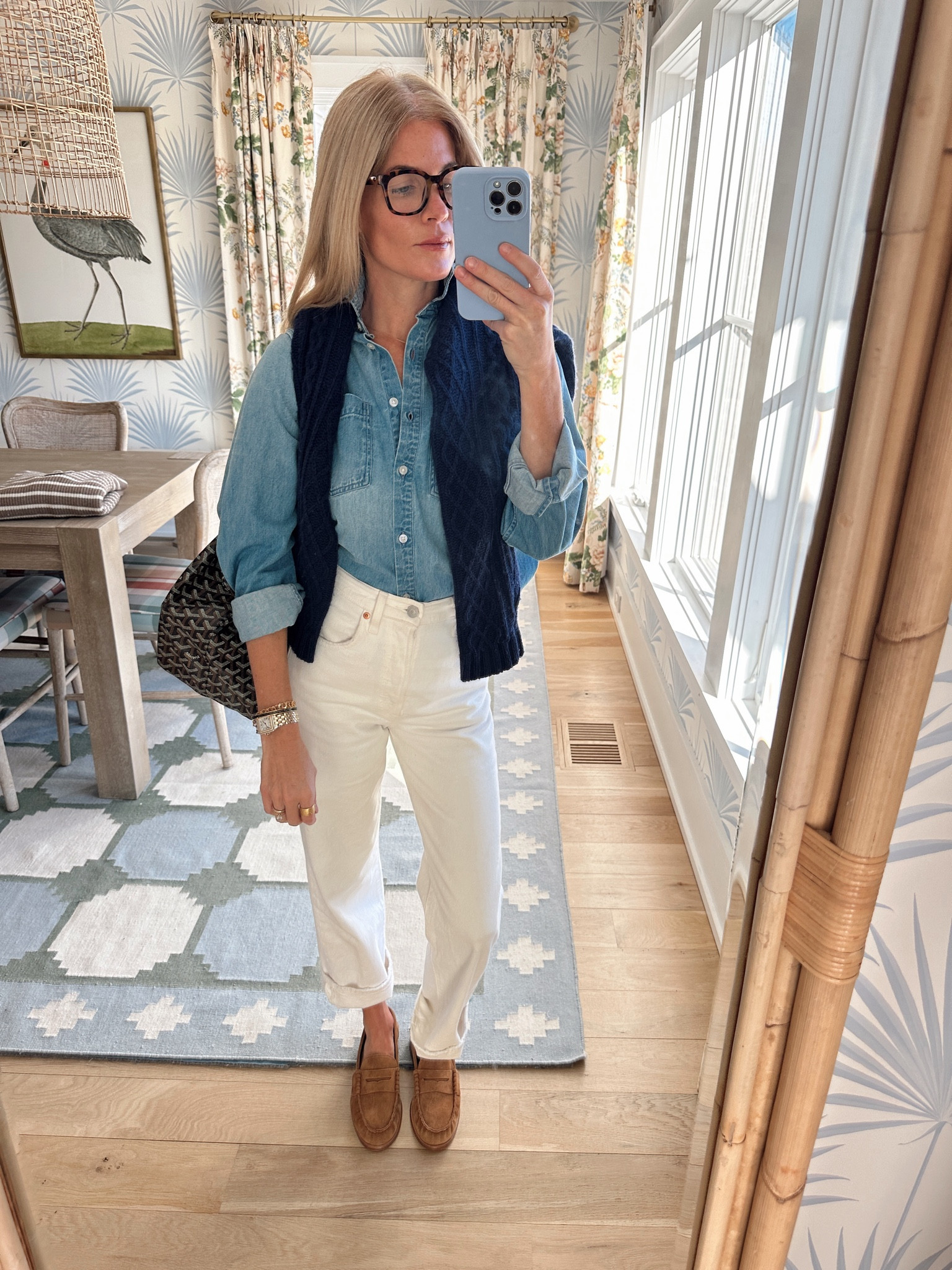 Thursday OOTD - western shirt - Billy sweater - white denim - loafers - TTS 