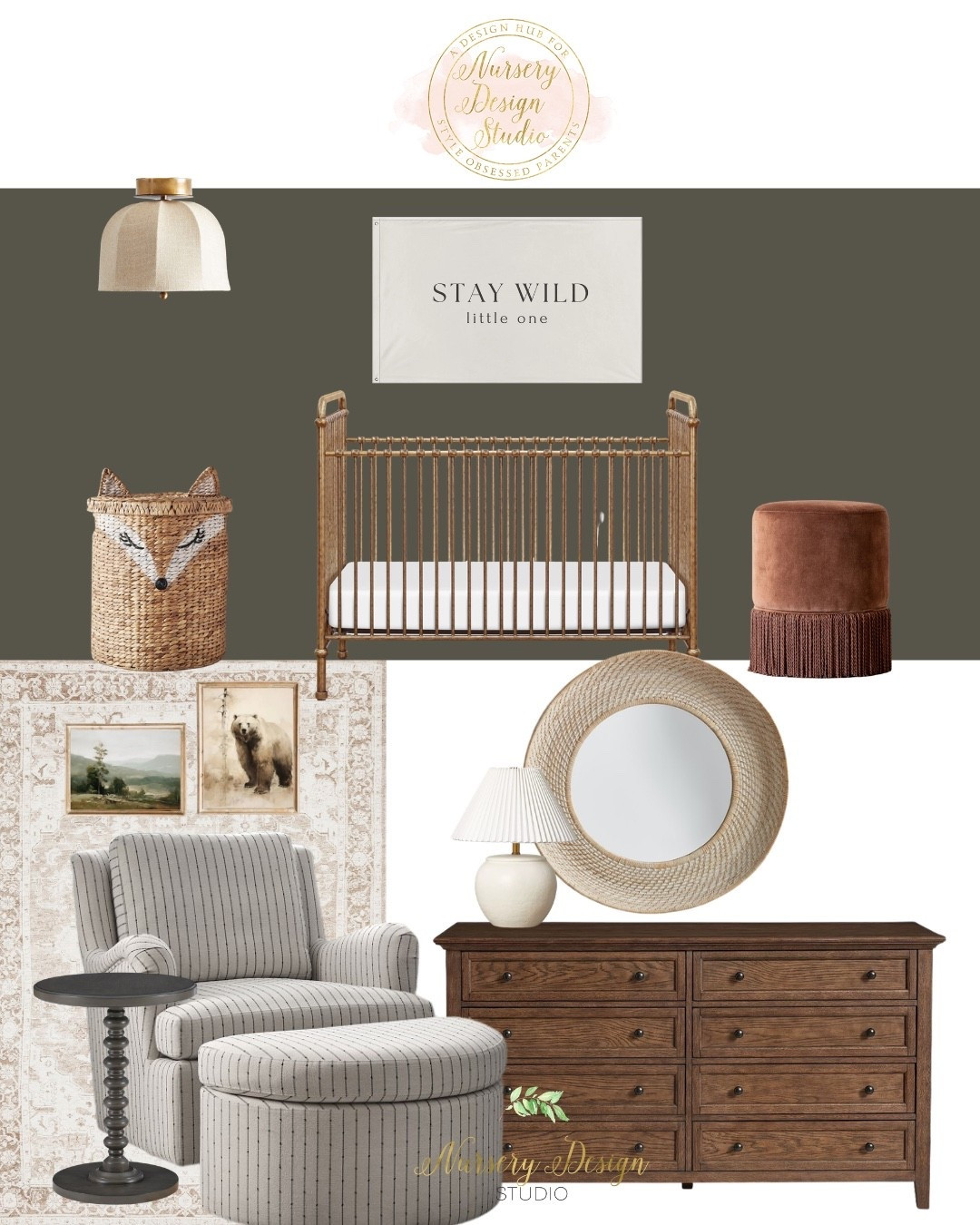 Shop Jaylin’s nursery: a vintage-inspired gold crib, craftsman-style oak dresser, striped nursery chair, neutral rug, woven accents, and warm, collected details create this sophisticated, moody nursery.

#LTKBaby #LTKKids #LTKBump
