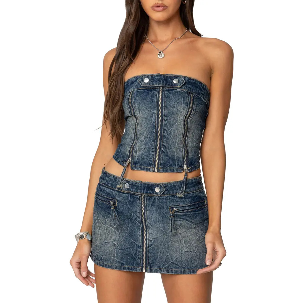 EDIKTED Guinevere Zip Washed Denim Corset Top in Blue-Washed at Nordstrom, Size Medium | Nordstrom