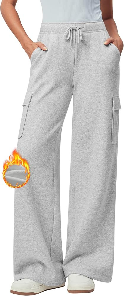 IUGA Fleece Cargo Sweatpants for Women Wide Leg Cargo Pants High Waisted Sweats Pants with Pocket... | Amazon (US)