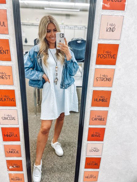 Teacher outfit! 
Jean jacket: true to size
Blue dress runs small especially if you’re bigger chested, I’m wearing my usual size M
Sneakers are the best look alike for less and comfortable! I prefer my usual size in wide fit 

Spring outfit | work outfit | teacher fashion 

#LTKfindsunder50 #LTKSeasonal #LTKworkwear