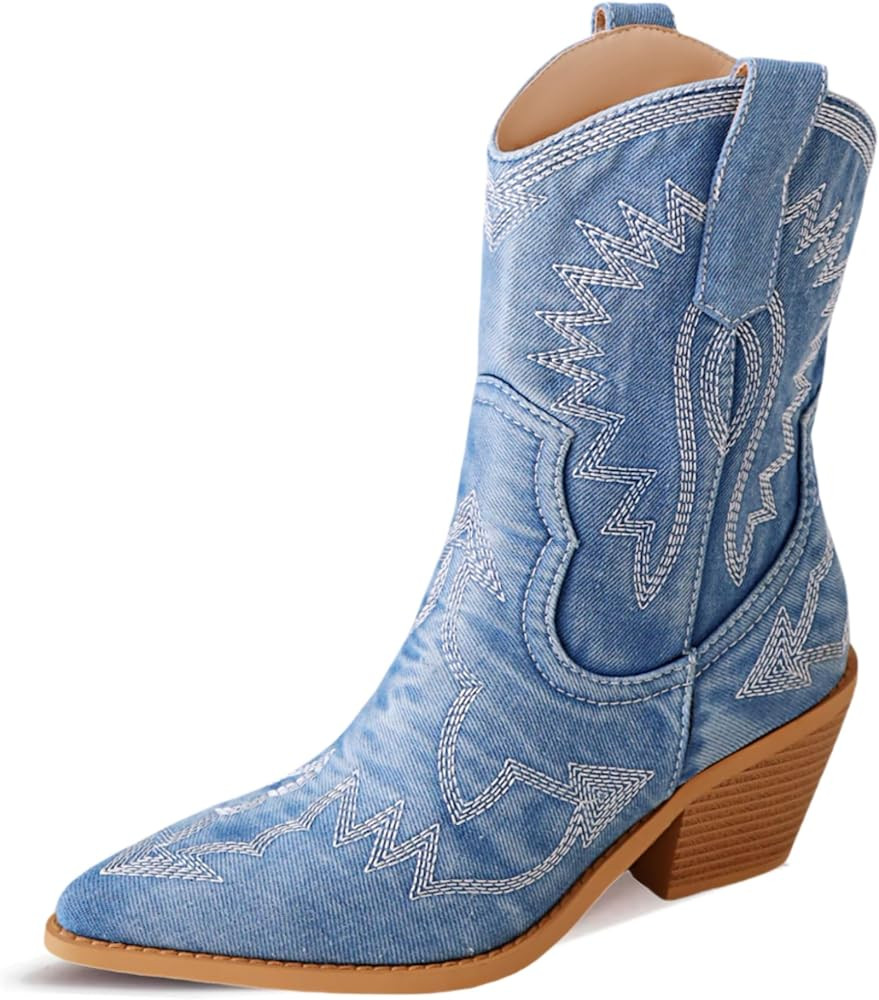 Reitoye Women's Embroidered Western Cowboy Boots Mid Calf Chunky Heel Pull-Up Tabs Classic Cowgir... | Amazon (US)
