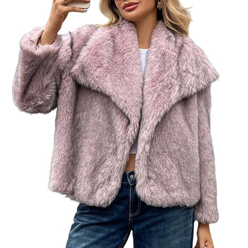 WOWULOVELY Women's Faux Fur Coat Lapel Fluffy Faux Fur Jacket Long Sleeve Furry Overcoat Winter Warm Shaggy Parka(PinkGray-XL) | Amazon (US)