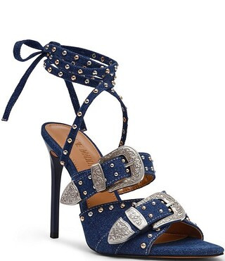 Steve Madden Saddle Denim Studded Ankle Wrap Buckle Detail Stiletto Dress Sandals | Dillard's | Dillard's