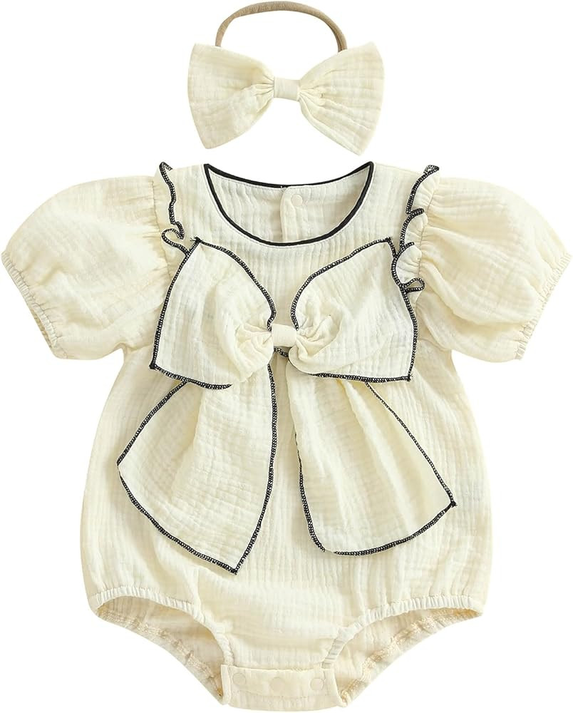 Newborn Infant Baby Girl Summer Outfit Bow Cotton Linen Short Sleeve Smocked Bubble Romper Bodysu... | Amazon (US)
