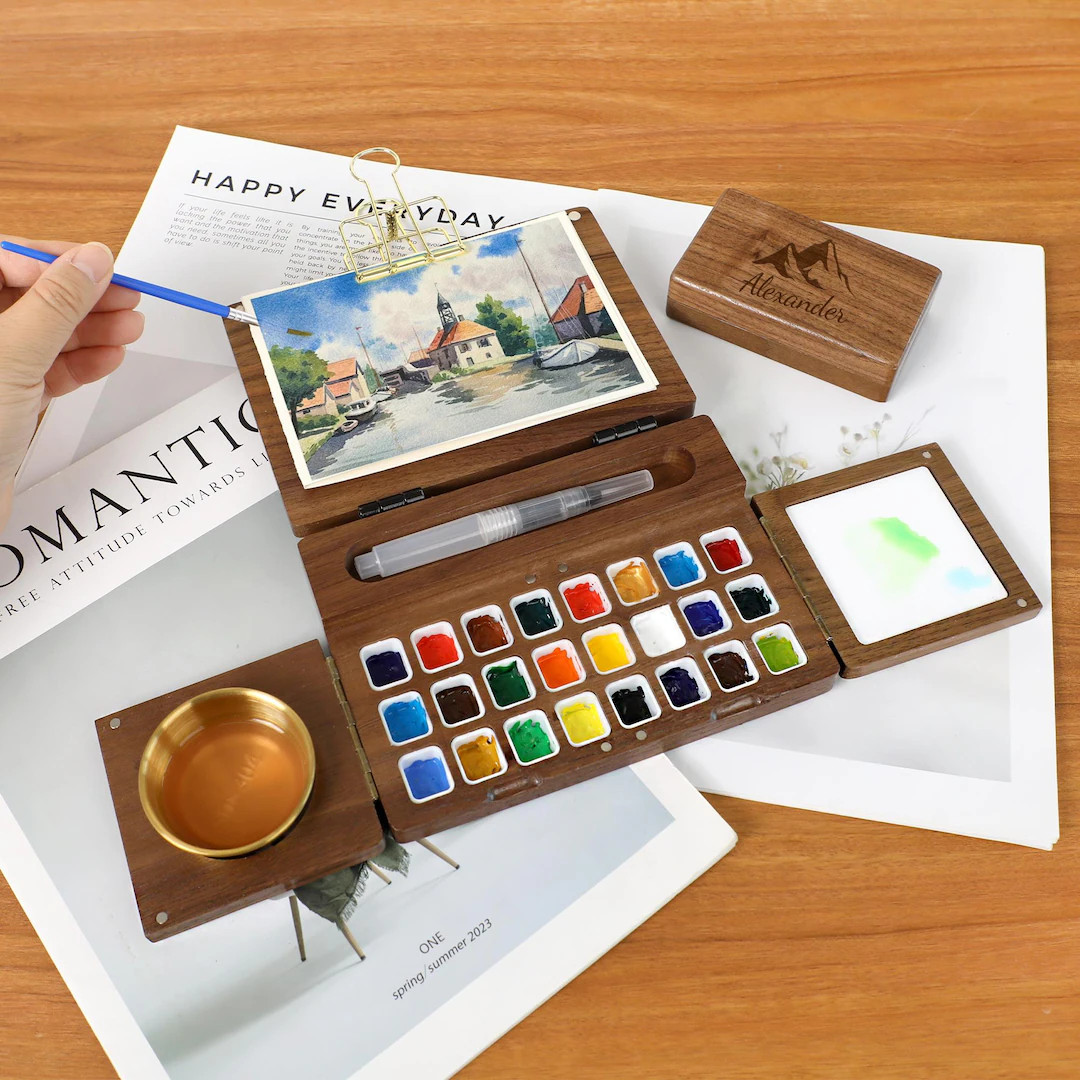 Personalized Engraved Foldable Watercolor Paint Box,Travel Portable Painting Kit,Mini Wood Waterc... | Etsy (US)