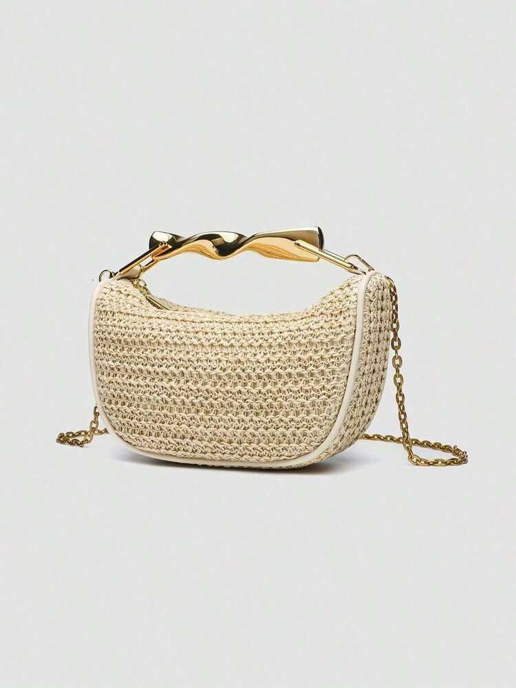 1pc Woven Bag Summer New Arrival, Women Bag, Metal Handle Crossbody Zipper Woven Bag, Casual Stra... | SHEIN