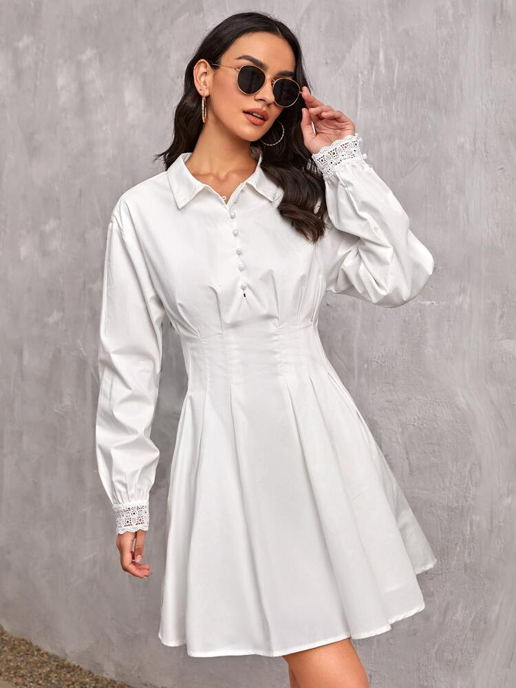 SHEIN Guipure Lace Cuff Lantern Sleeve Fold Pleated Dress | SHEIN