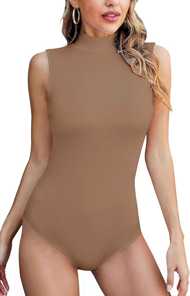 SHEIUGU Women’s Sleeveless Long Sleeve Mock Turtle Neck Bodysuit Soft Slim Fit Stretchy Layer T... | Amazon (US)