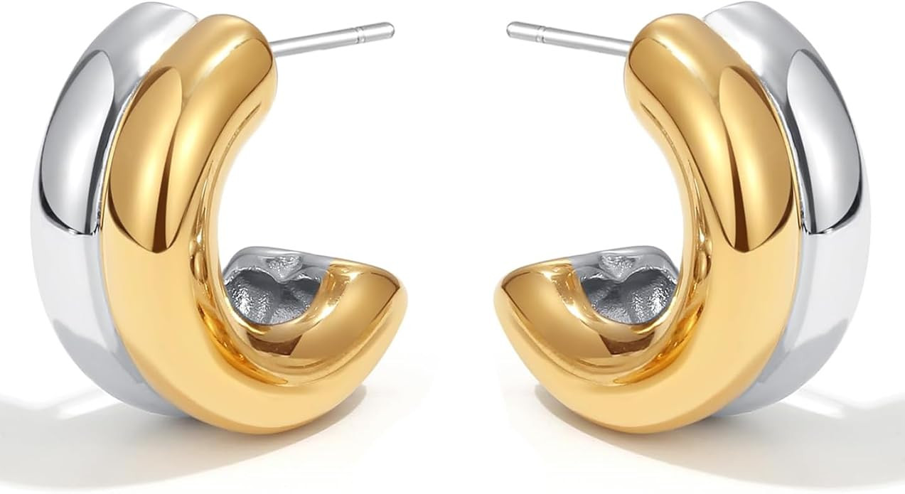 2-Tone Open Hoop Earrings for Women 18K Gold Plated Twisted/Watch Band/C-shaped/Flower Hoops Ligh... | Amazon (US)