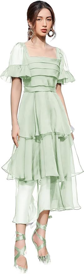 Sheer Silk Organza Ruffle Tiered Midi Dress Short Sleeves Formal Evening Wedding Guest Dress | Amazon (US)