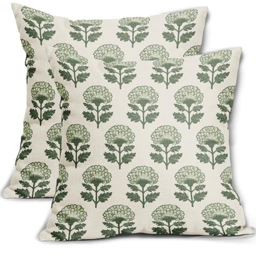 Aytipun Green Floral Block Print Pillow Covers 20x20 Set of 2 Flower Pattern Cream Spring Summer Decorative Throw Pillowcases Outdoor Rustic Farmhouse Cushion Cases Decor for Home Couch Sofa Bed | Amazon (US)