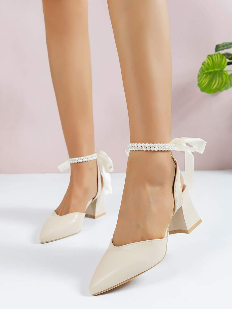 Bow & Faux Pearl Decor Chunky Heeled Ankle Strap Pumps | SHEIN