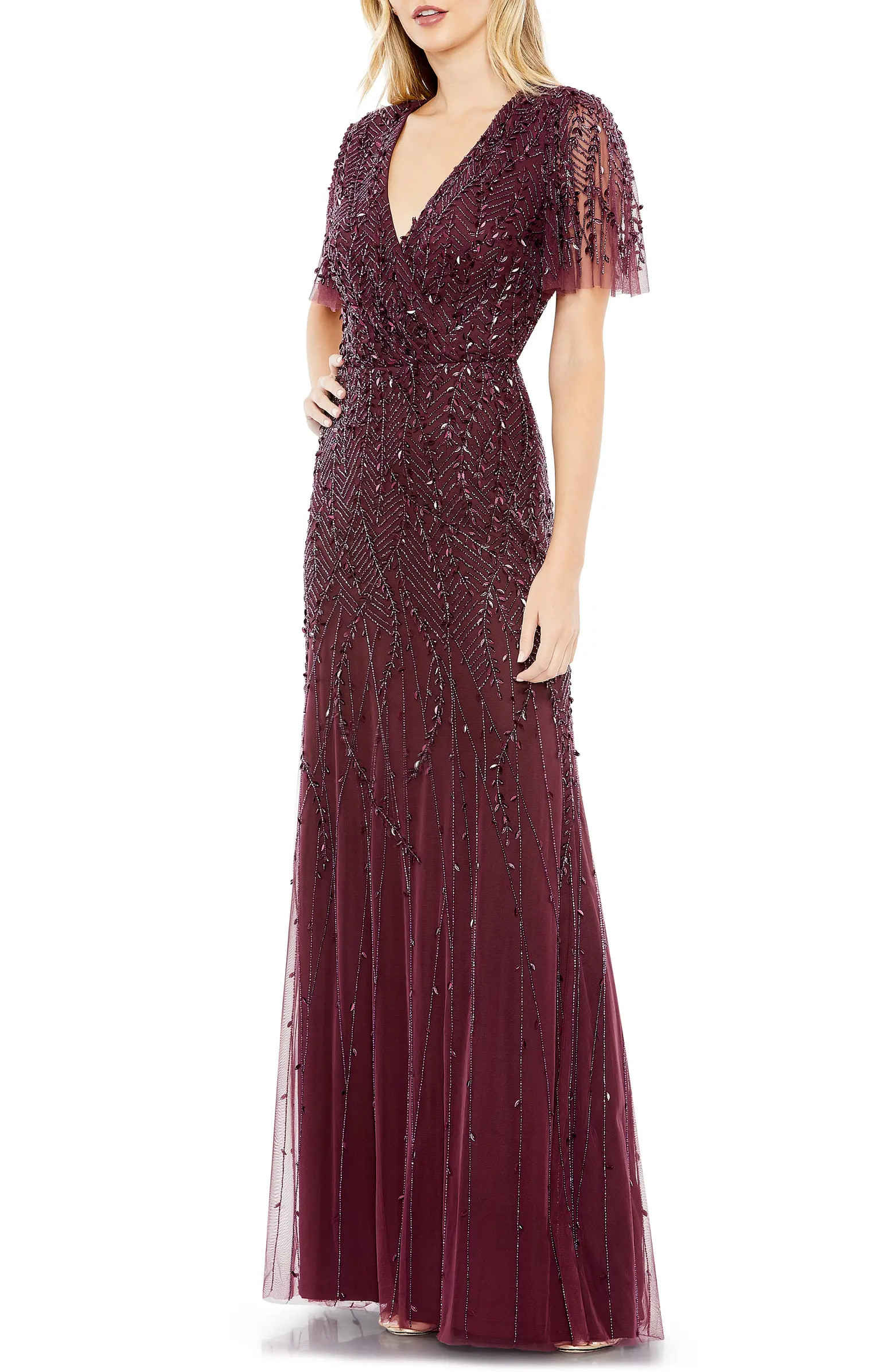 Beaded Leaves Butterfly Sleeve Gown | Nordstrom