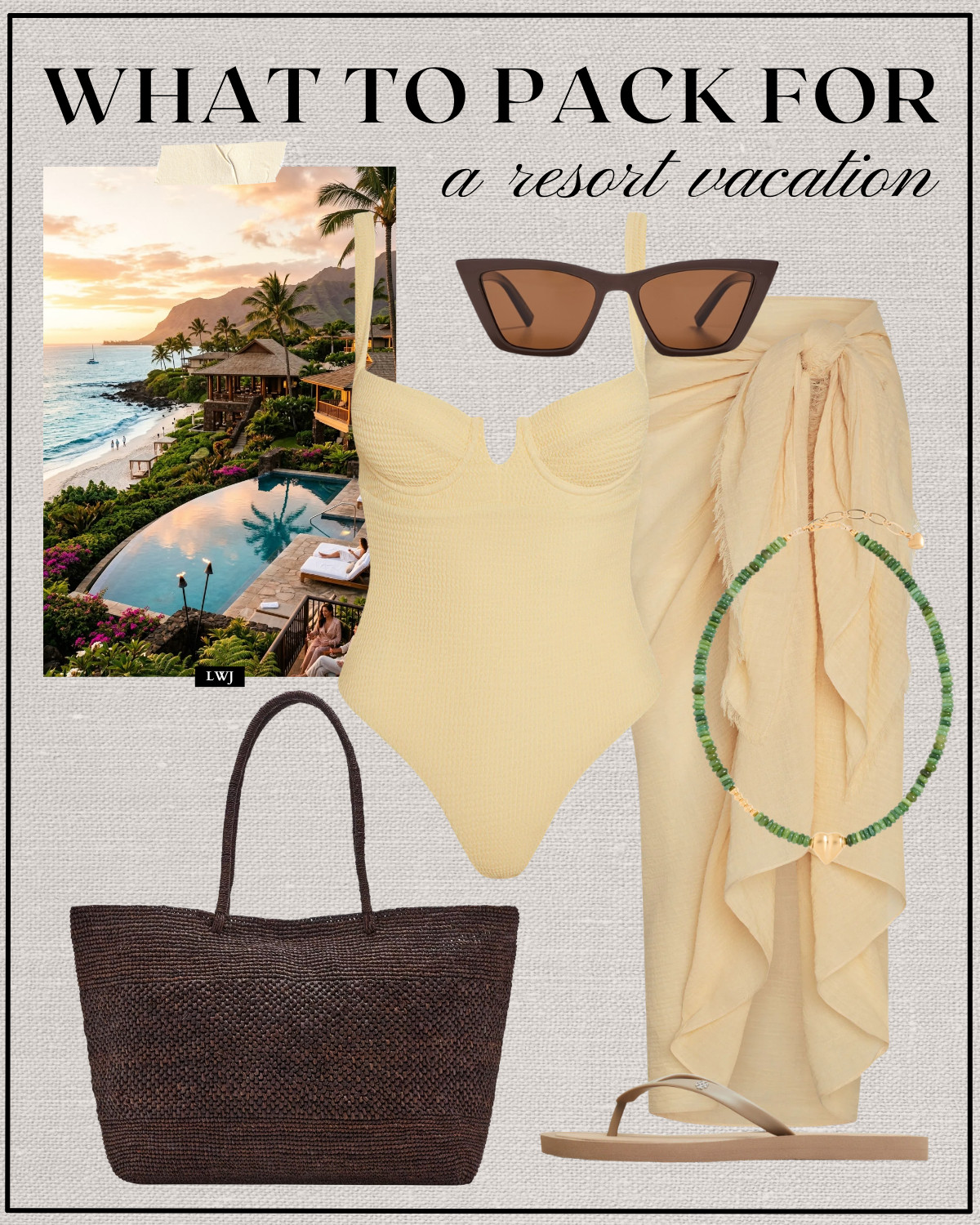 resort vacation outfit 

travel outfit / beach outfit / summer vacation / butter yellow monday swimwear one piece / sarong / beaded necklace / chocolate brown woven tote / beige flip flops / beaded necklace / cat eye sunglasses  

 

#LTKTravel
