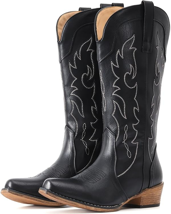 IUV Cowboy Boots for Women Mid Calf Fashion Cowgirl Boots with Embroidery Western Snip Toe | Amazon (US)