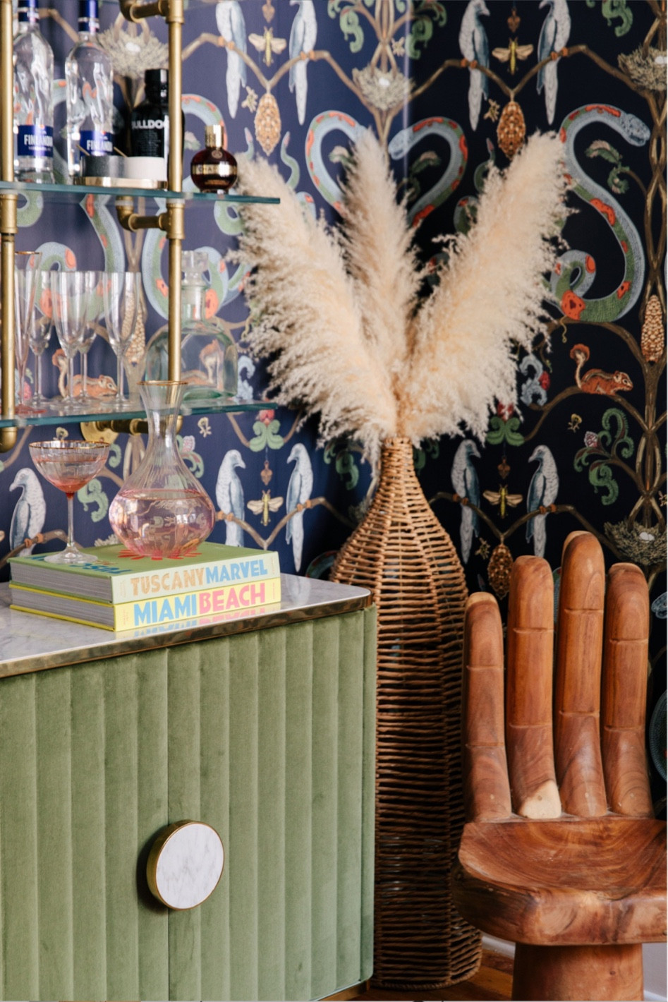 Home bar dining room wallpaper colorful dining room palm chair anthro furniture 

#LTKhome