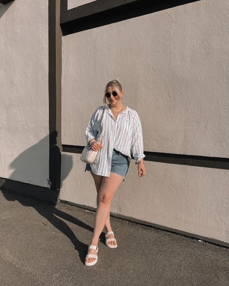 Casual midsize summer outfit - oversized striped linen button up shirt, Abercrombie denim shorts, white dad sandals


#LTKsummer #LTKmidsize #LTKcanada