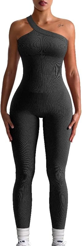Women Yoga Jumpsuits Workout Ribbed One Shoulder One Piece Sport Jumpsuits | Amazon (US)