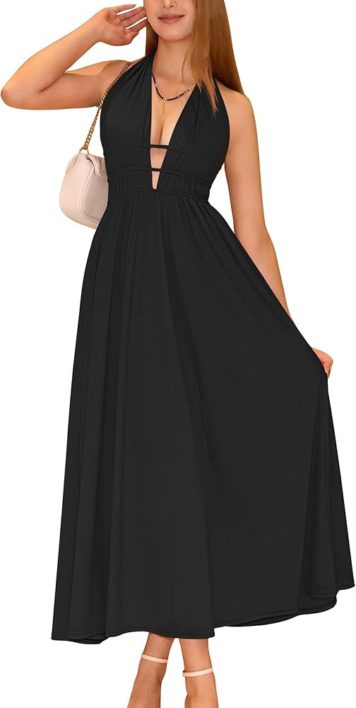 YMDUCH Women's Sexy Halter V Neck Sleeveless Backless A-line Cocktail Party Long Dress | Amazon (US)