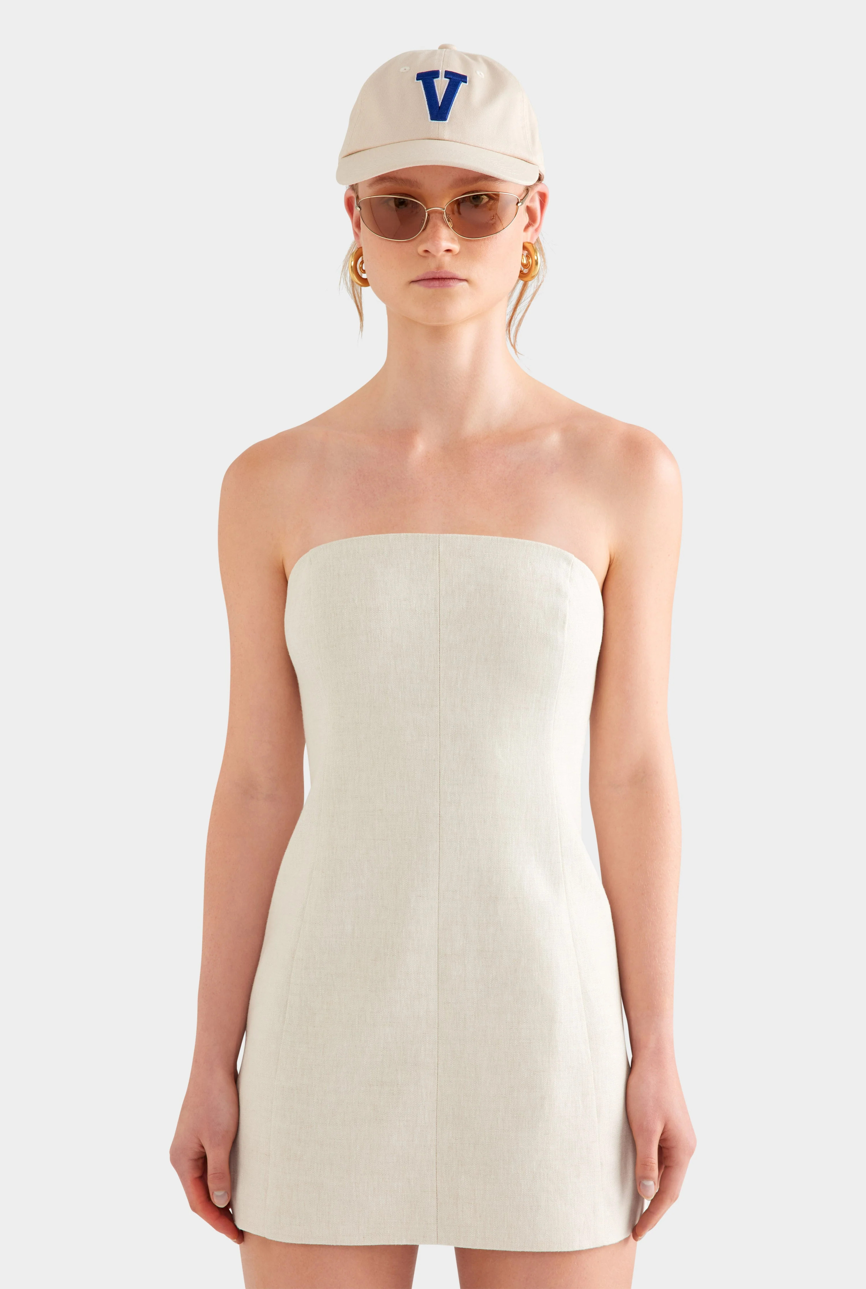 Womens Strapless Linen Mini Dress Sand | Venroy | Venroy AU