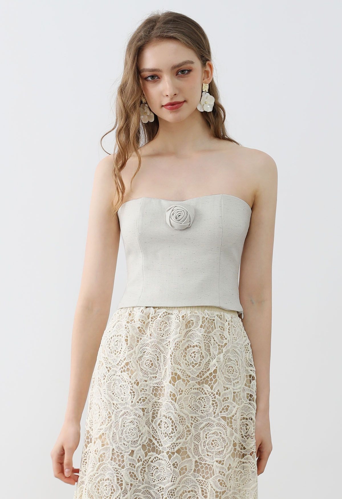 3D Rose Shirred Back Tube Top in Ivory | Chicwish