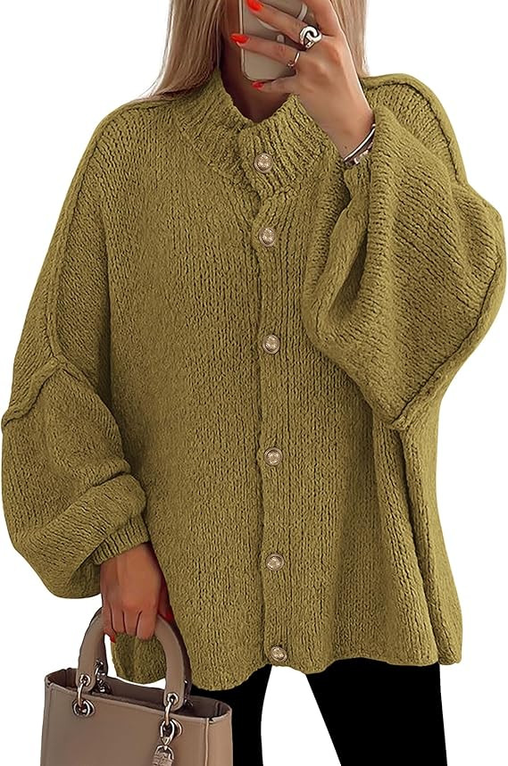 PRETTYGARDEN Women's Winter Button Down Cardigan Sweaters Mock Neck Lantern Long Sleeve Chunky Kn... | Amazon (US)