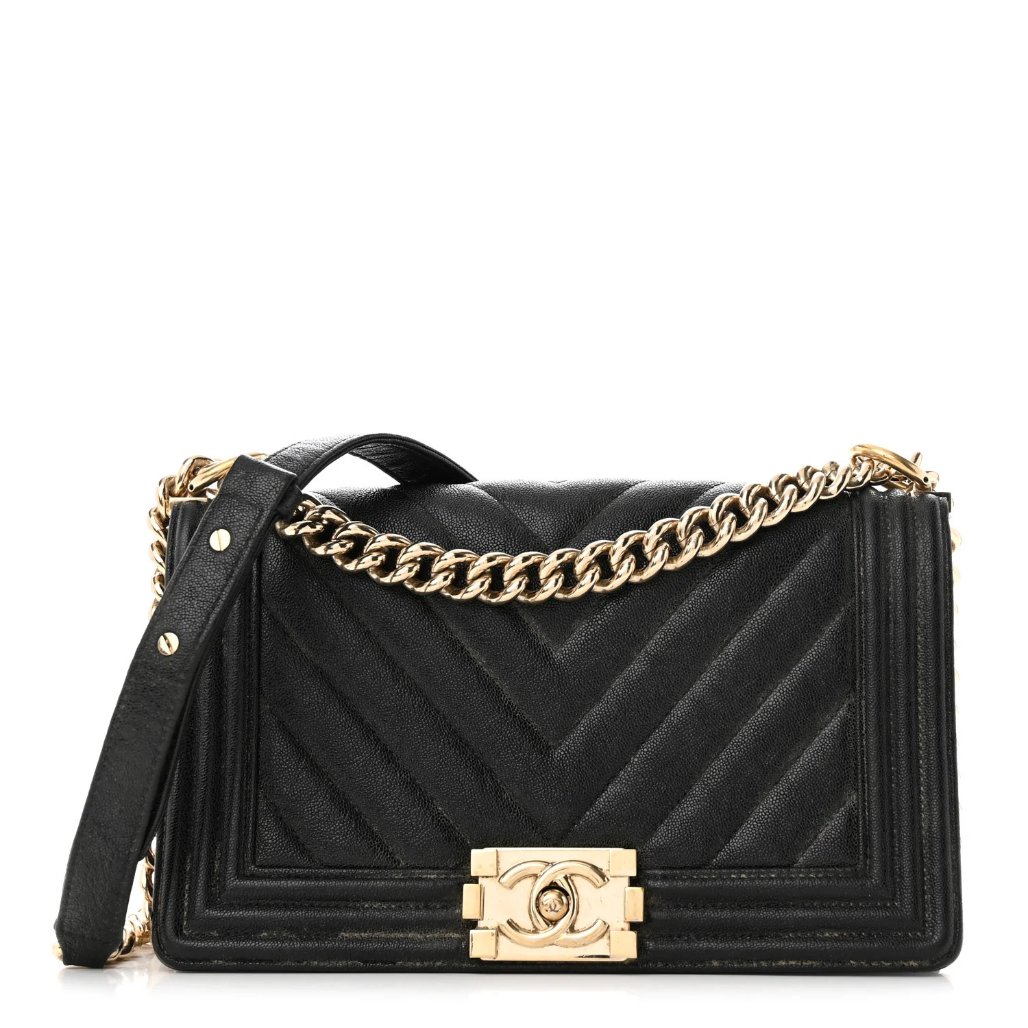 Caviar Chevron Quilted Medium Boy Flap Black | FASHIONPHILE (US)
