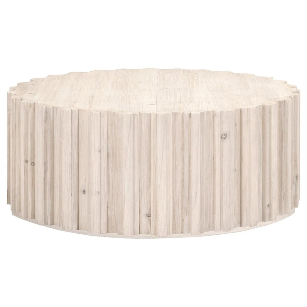 Camie Coastal Beach White Wash Reclaimed Pine Wood Round Drum Coffee Table | Kathy Kuo Home