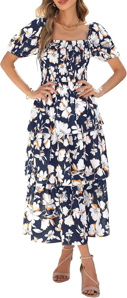 BTFBM Womens Square Neck Smocked Dress Summer Puff Short Sleeve Floral Casual Ruffle Tiered Maxi ... | Amazon (US)