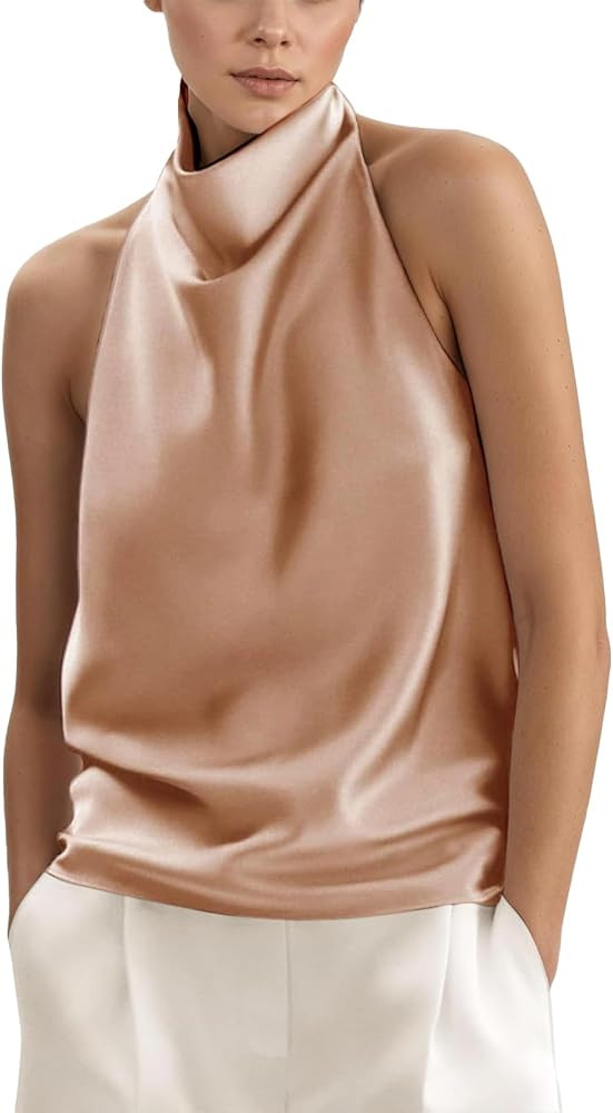 Womens Silk Satin Tanks Draped Front Backless Halter Tops Casual Sleeveless Camis Tops Silky Summ... | Amazon (US)