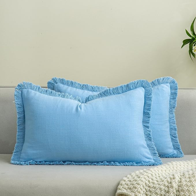 Set of 2 Fringe Throw Pillow Covers with Tassel Trim for Farmhouse Living Room,Soft Cotton & Cozy... | Amazon (US)