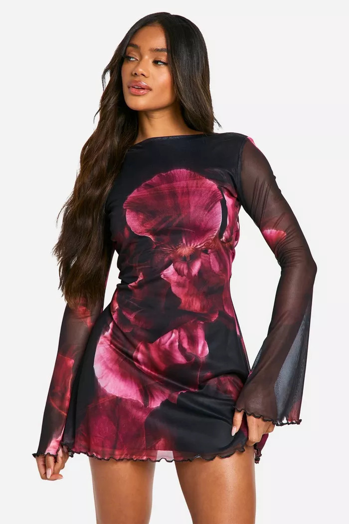 Blur Floral Mesh Flare Sleeve Mini Dress | Boohoo.com (UK & IE)