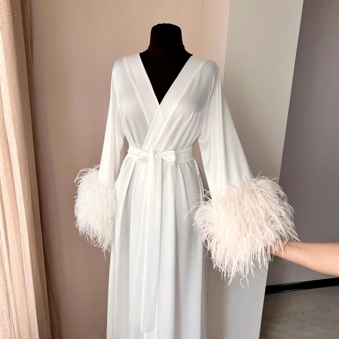 Bride robe with feathers, Boudoir robe, Ostrich feather robe, Fur bridal robe, Floor length robe,... | Etsy (US)