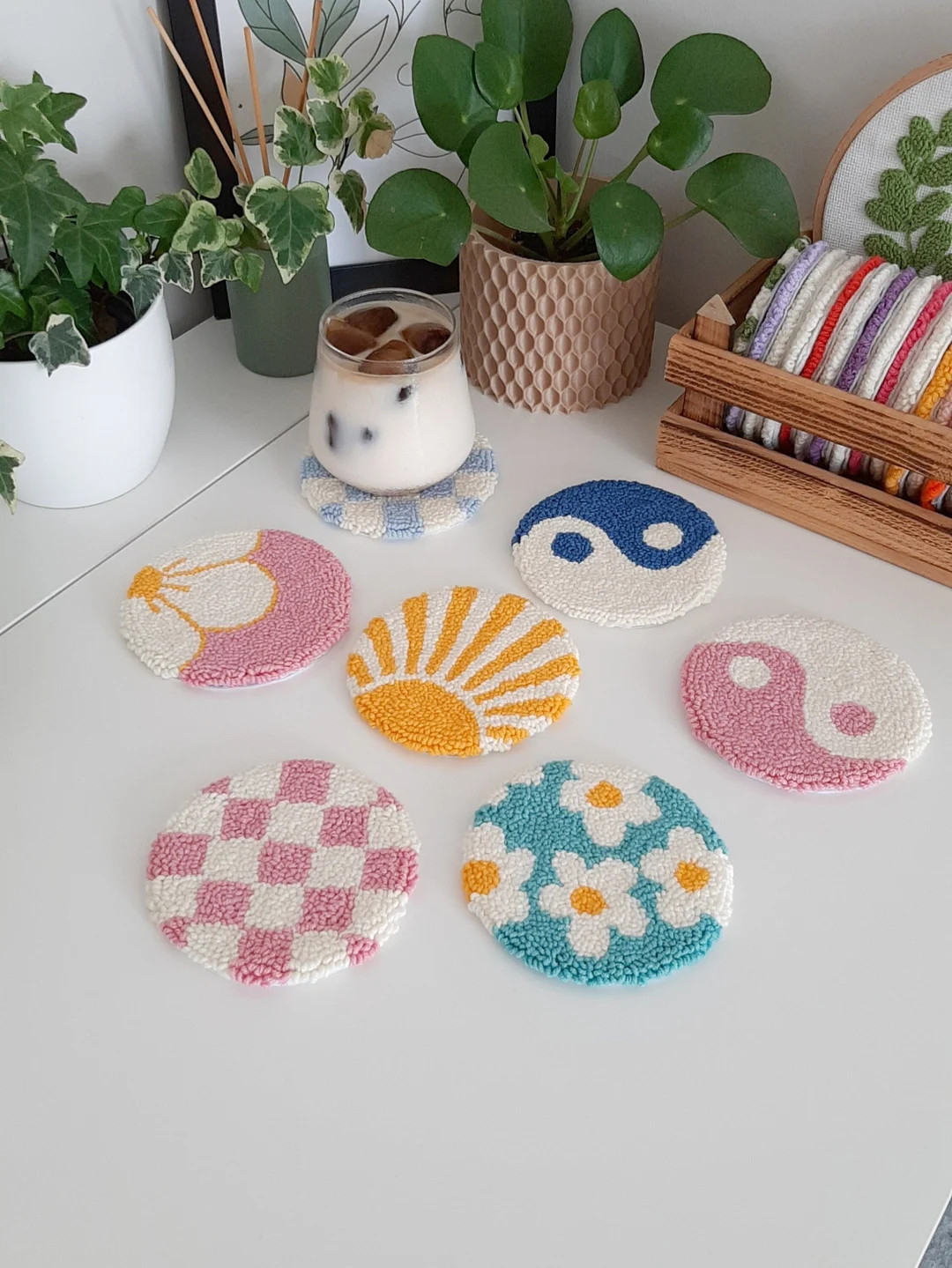 Yin and Yang Coffee Coasters, Punch Needle coaster, Plant Embroidery, checkered mug coaster, tuft... | Etsy (US)