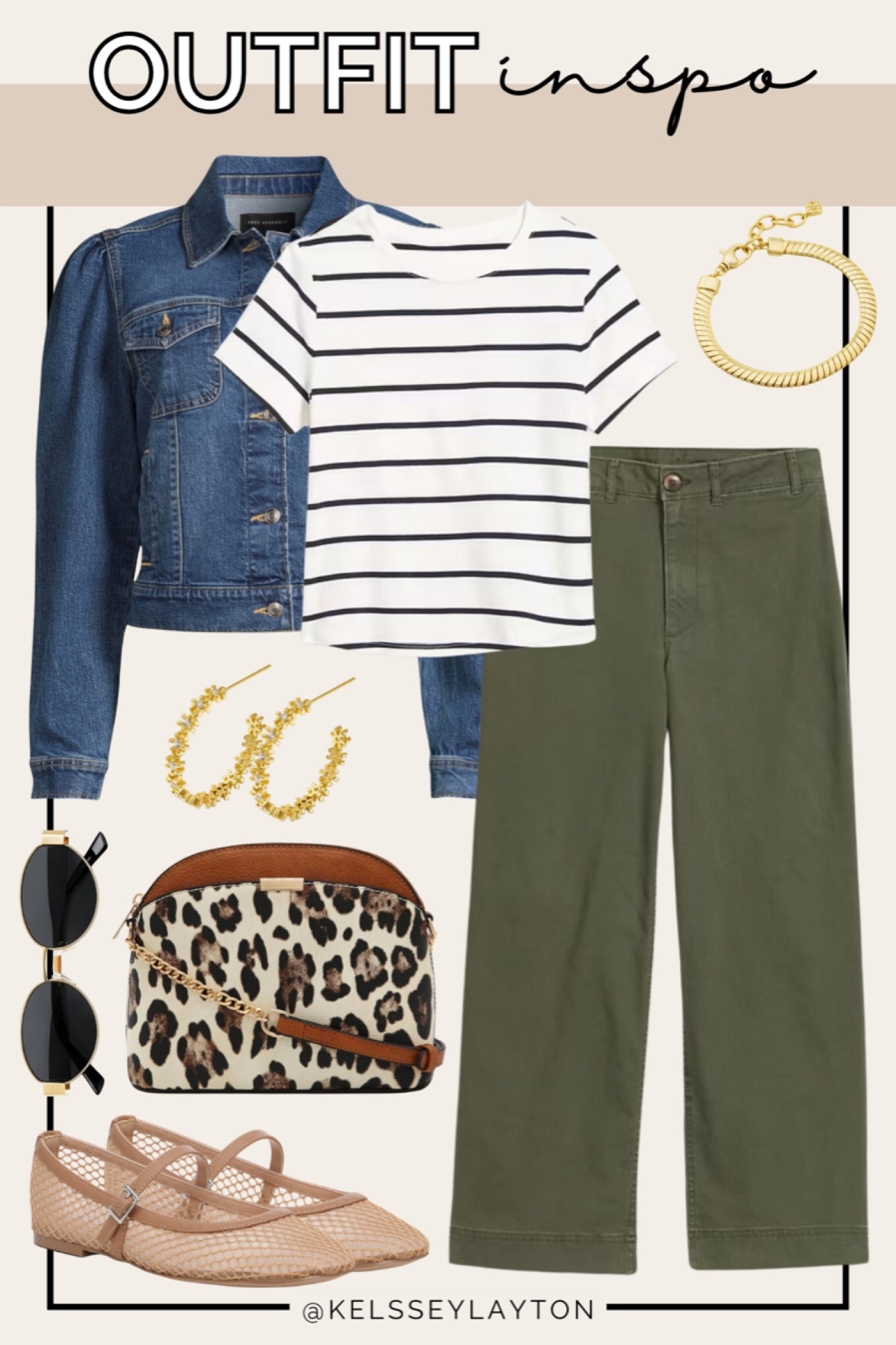 Outfit idea, old navy, striped tee, olive green pants, leopard bag, Steve Madden flats, jean jacket 

#LTKSummerSales #LTKFindsUnder50 #LTKSaleAlert