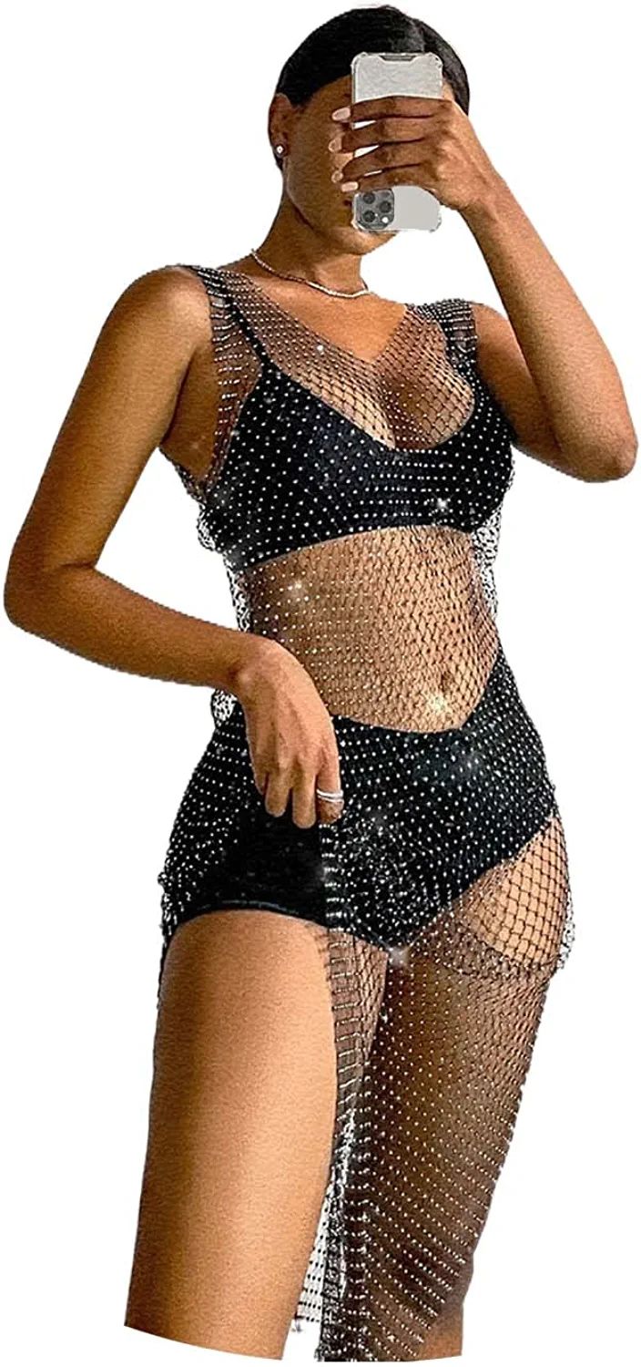 Yokawe Crystal Mesh Dress Black See Through Dresses Sexy Rhinestone Cover Up Deep V Backless Body... | Amazon (US)