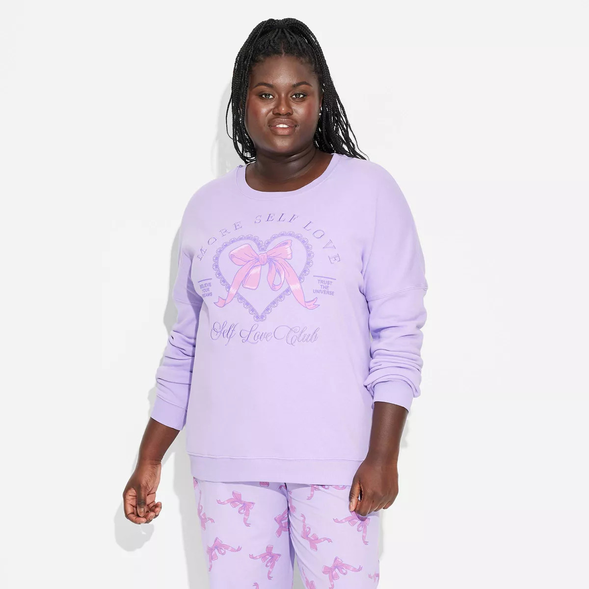 Women's Self Love Bow Cozy Graphic Sweatshirt - Purple 2X | Target