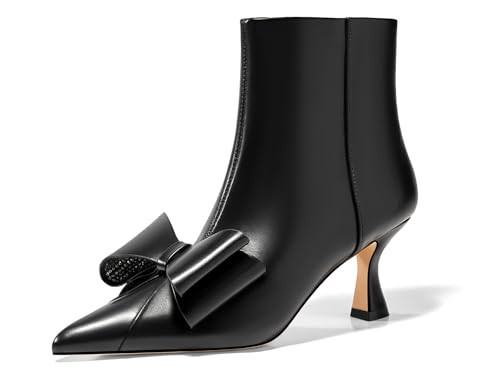 Coutgo Womens Low Kitten Heel Ankle Boots Rhinestone Bow Pointed Toe Side Zipper Dress Fall Booties Shoes, Black, Size 6 | Amazon (US)