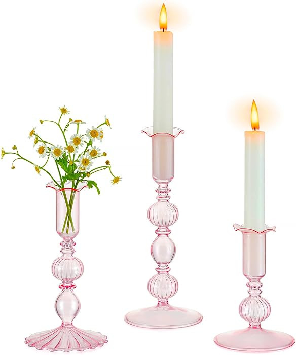 Glasseam Tapered Candlestick Holders Pink: Set of 3 Glass Candle Sticks Holder Decor with Bobeche... | Amazon (US)
