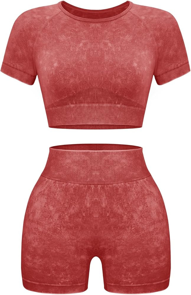 OLCHEE Womens Workout Sets 2 Piece - Seamless Acid Wash Yoga Outfits Shorts and Crop Top Matching... | Amazon (US)