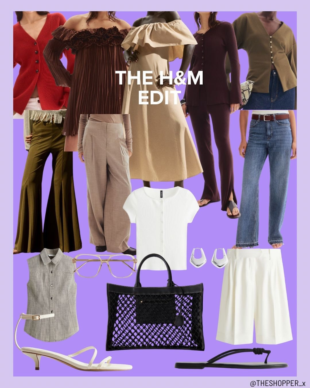 Knotted shopper bag tote, angular bell hoop earrings, polarised sunglasses, wide high leg jeans, ribbed button cardigan, tailored shorts in white formal, off the shoulder midaxi dress, pleated off the shoulder mini dress, flared trousers in brown, rib knit cardigan, in brown and cream, trousers, in brown, heeled strappy sandals in black and white, cardigan button up in red, waisted cardigan in khaki, tailored trousers, sleeveless shirt 