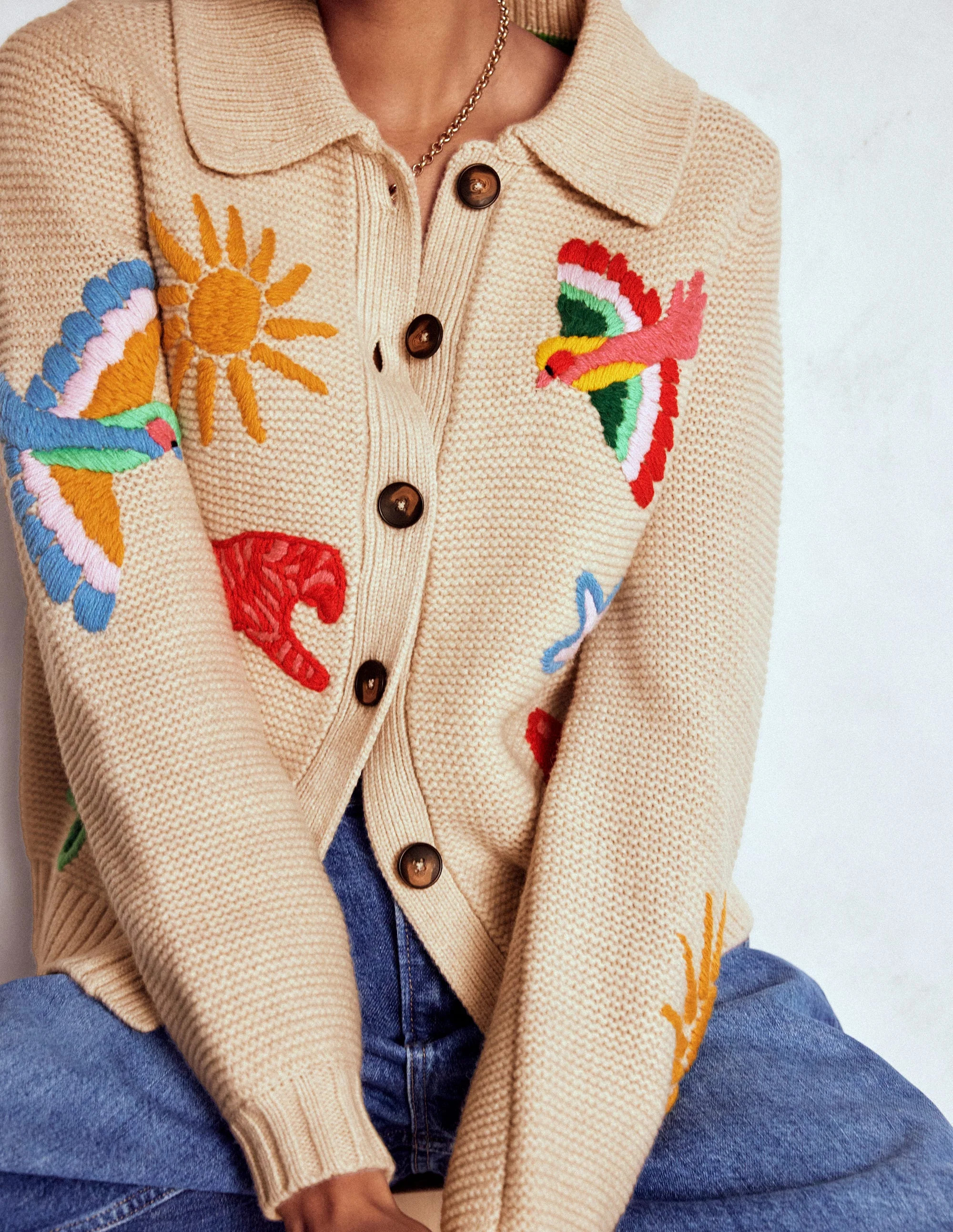 Embroidered Collared Cardigan-Ecru Marl | Boden UK