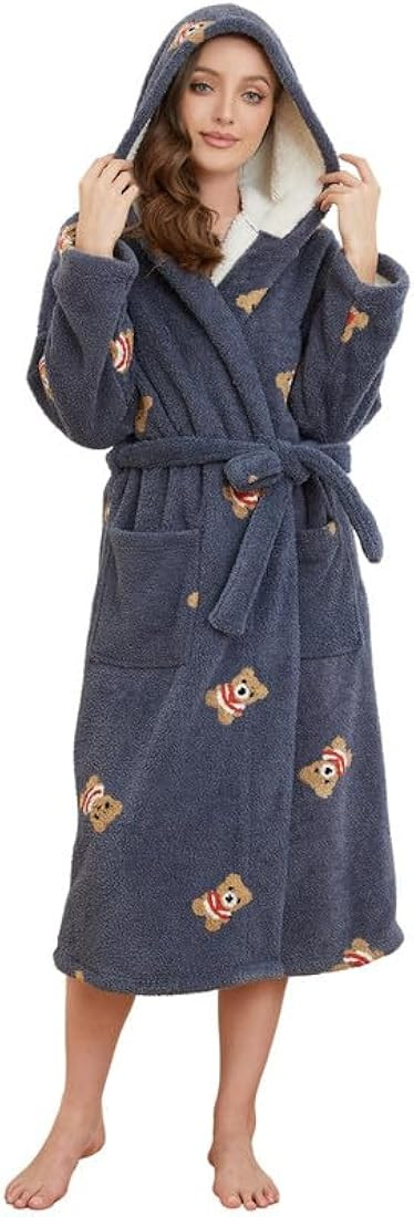 Womens Hooded Plush Robes, Soft Cute Warm Fleece Bathrobe for Women Long Embroidered Ladies Loung... | Amazon (US)